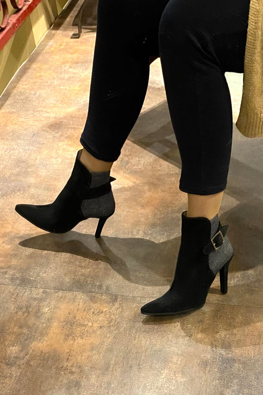 Matt black women's ankle boots with buckles at the back. Tapered toe. Very high slim heel. Worn view - Florence KOOIJMAN